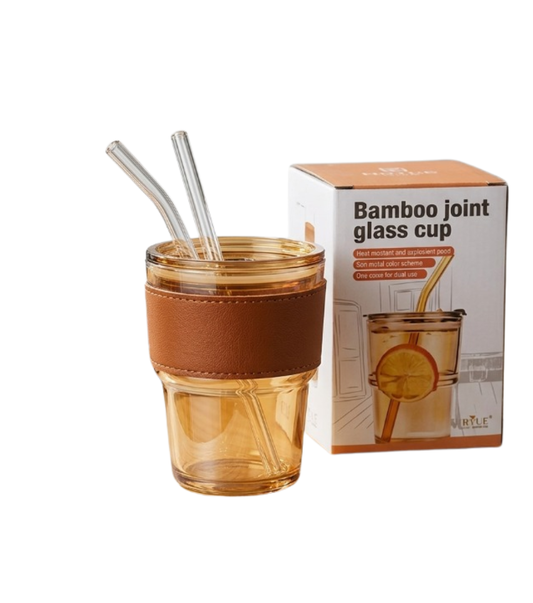 Premium Amber Glass Coffee Tumbler – Travel Mug with Leather Heat Sleeve & Glass Straw