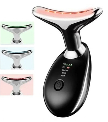 Rechargeable Neck & Face Massager with EMS Microcurrent – 3-Color Light Therapy, Hot Compress & Vibration Skin Care Device
