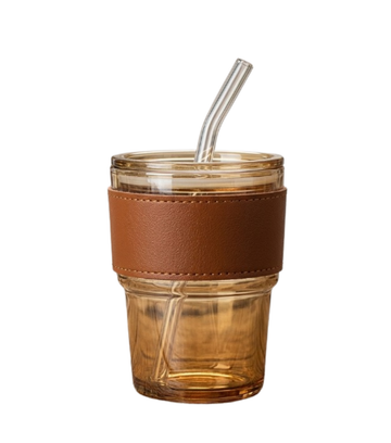 Premium Amber Glass Coffee Tumbler – Travel Mug with Leather Heat Sleeve & Glass Straw